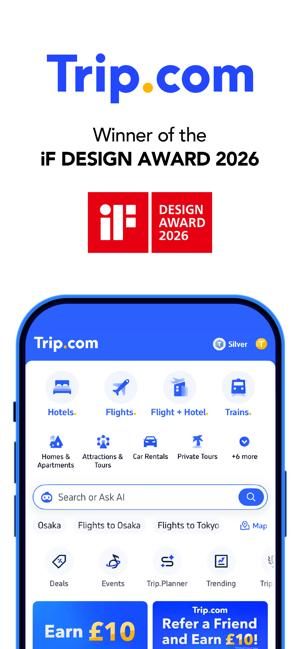 Trip.com app home with hotels, flights, packages, and trains
