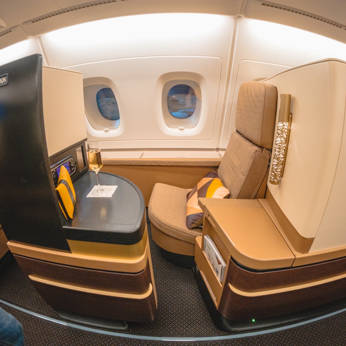 Etihad Airways Business Studio seat with champagne