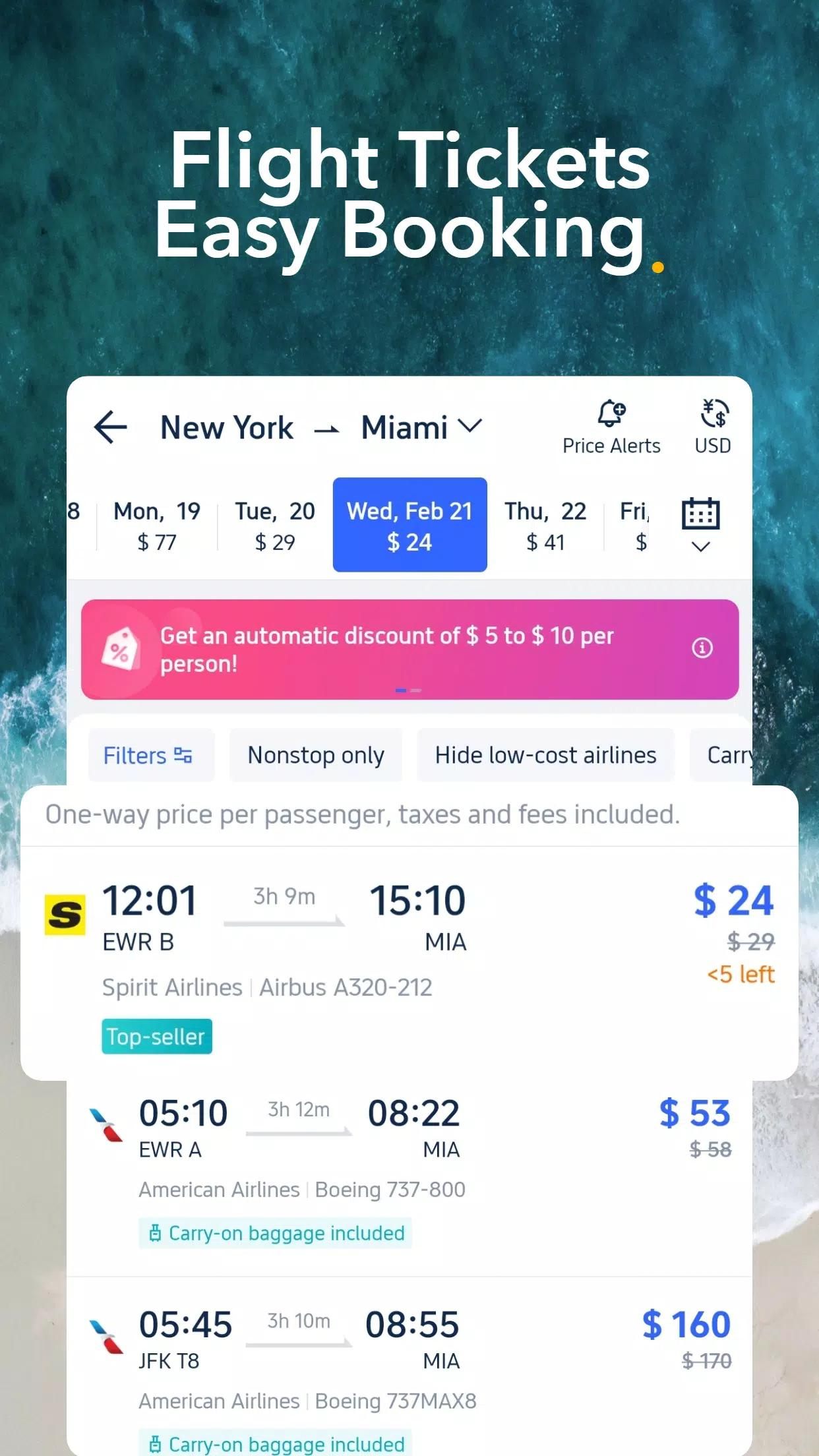 Trip.com flight search results with fare calendar and price alerts