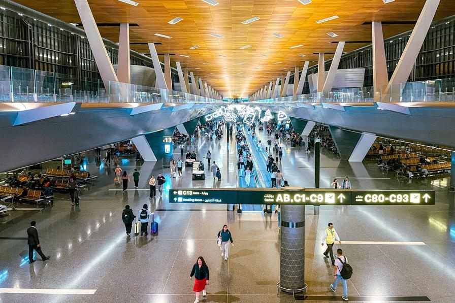 Spacious main concourse at Hamad International Airport in Doha