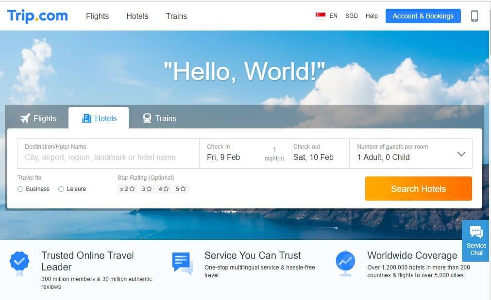 Trip.com website search for flights, hotels, and trains