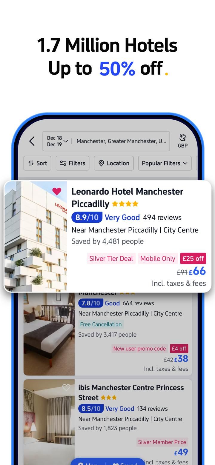 Trip.com hotel search results with ratings, reviews, and member prices