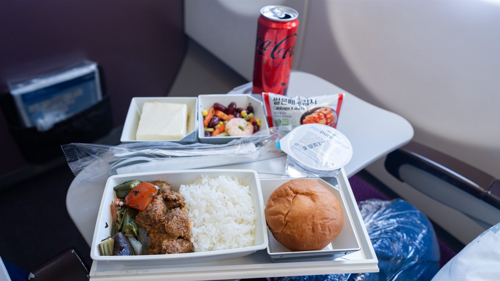 Malaysia Airlines economy meal of rice, curry, bread roll, and salad